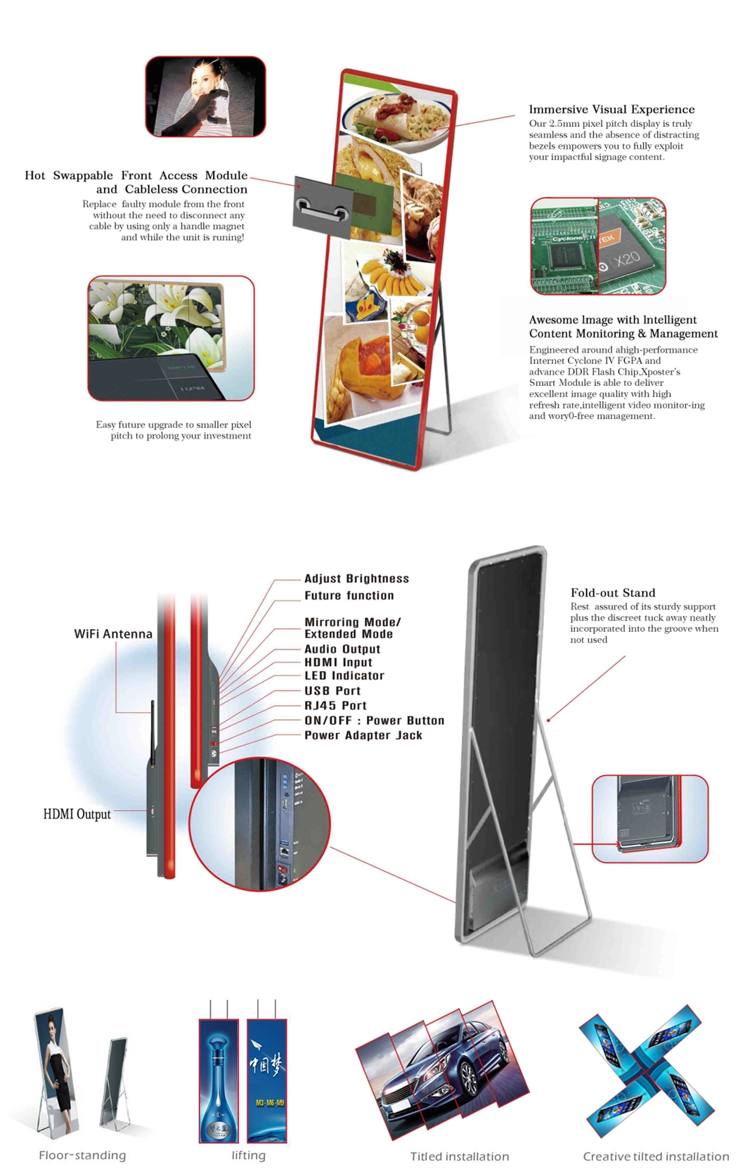 P1.86 P2 P2.5 P3 Portable Advertising LED Digital Poster Ultra Slim Indoor Display with Wheels Stand